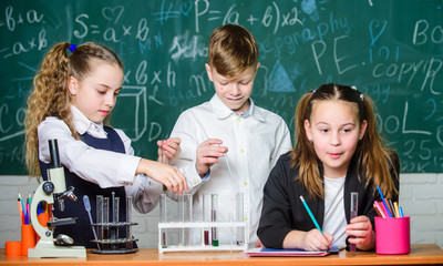 School chemistry lesson. Test tubes with substances. Formal education. Girls and boy student conduct school experiment with liquids. School laboratory. Group school pupils study chemical liquids