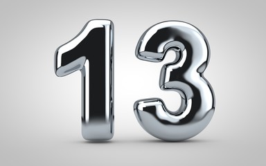 Chrome balloon number 13 isolated on white background.