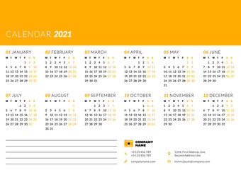Calendar for 2021 year. Week starts on Monday. Printable vector stationery design template