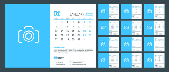 Desk calendar template for 2020 year. Set of 12 pages. Week starts on Monday. Vector illustration