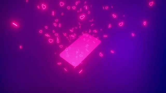 Neon heart emoji burst out of the phone and flying upwards through the air. 3d render concept of social media and dating app. Ultraviolet neon cyberpunk colors.