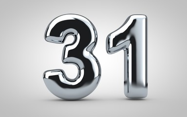 Chrome balloon number 31 isolated on white background.