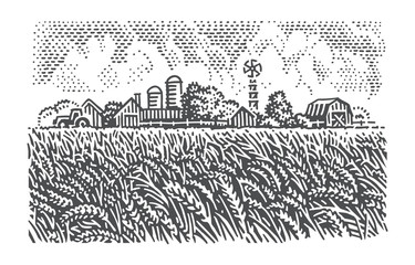 Wheat field near farmhouses and barns monochrome vector illustration. 