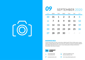 Desk calendar template for September 2020. Week starts on Sunday. Typographic design template. Vector illustration