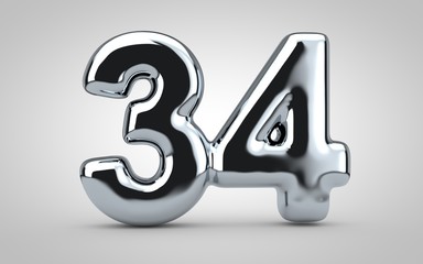 Chrome balloon number 34 isolated on white background.