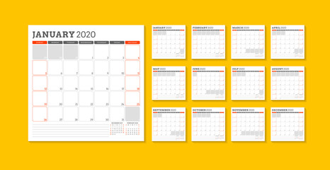 Calendar planner template for 2020 year. Week starts on Sunday. Printable vector stationery design template