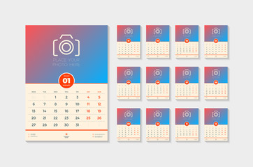 Wall calendar template for 2020 year. Week starts on Monday. Vector illustration. Set of 12 pages