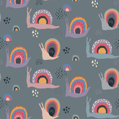 Vector seamless pattern with cute funny rainbow snails in abstract scandinavian style.
