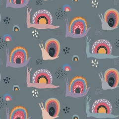 Tapeten Vektornahtloses Muster mit niedlichen lustigen Regenbogenschnecken im abstrakten skandinavischen Stil. © Andrei