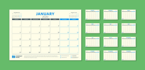 Calendar planner for 2020 year. Stationery design template. Vector illustration. Week starts on Monday