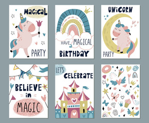 Set of vector greeting cards or invitations for birthday, with cute unicorn, fairy castle, rainbow, funny font.