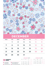 Wall calendar template for December 2020. Week starts on Monday. Design template with cute floral pattern. Vector illustration