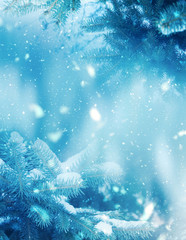 Winter christmas background with copy space, bokeh, snowflakes. Snowy landscape with fir branches....