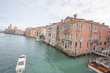 Fototapeta na wymiar Venice Veneto Italy on January 19, 2019: View of Grand Canal from Accademia bridge..