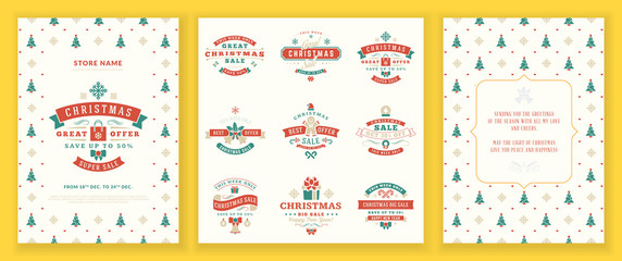 Christmas sale flyer poster design. Holiday shopping. Discount offer. Set of Christmas sale vintage badges. Typographic vector design elements for promotional discount banner
