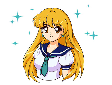 Retro anime girl with blonde hair in japanese school uniform. 90's anime style hand drawn vector illustration. Can be used for avatar, coloring book, mobile games etc.