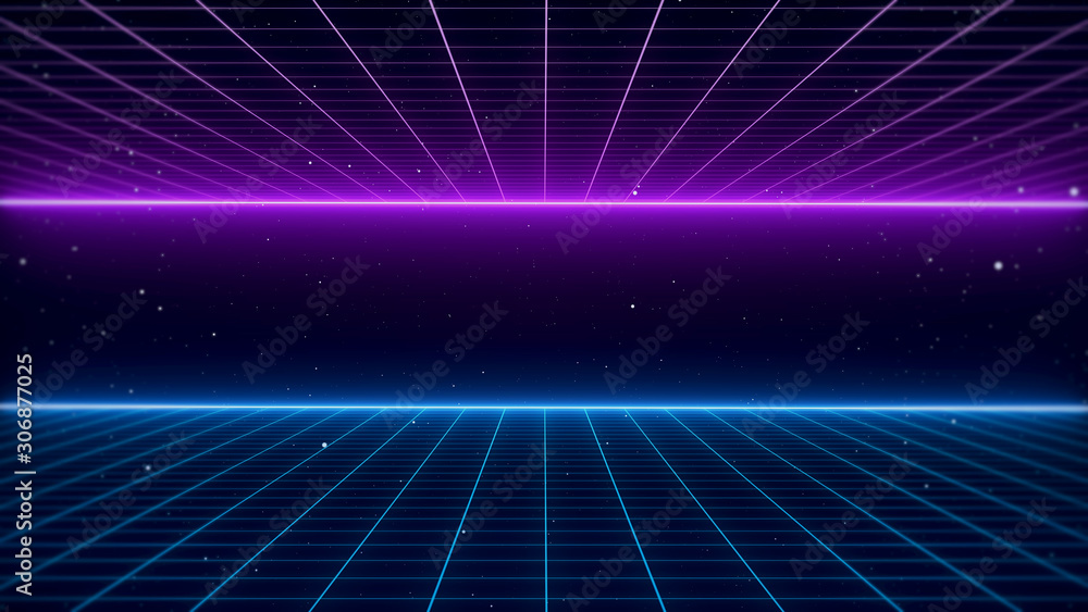 Wall mural 80s retro sci-fi background futuristic grid landscape. digital cyber surface style of the 1980`s. 3d