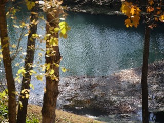 Tranquil river view with colorful leaves of the trees in autumn