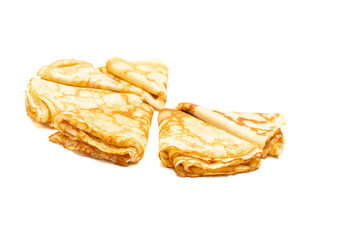 Folded European style pancakes on white background 