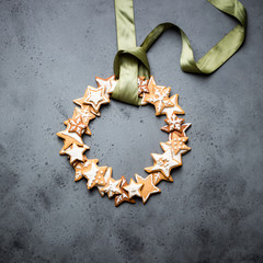 Gingerbread wreath of stars. Gingerbread Christmas holiday decoration or great traditional dessert