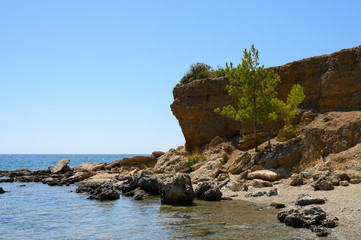 Fototapeta na wymiar Seascape. Beautiful landscape with rocks, sea and clear sky. Outdoor activity in the nature