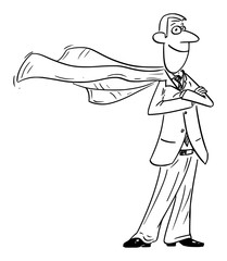 Vector funny comic cartoon drawing of confident businessman superhero posing with flying cape.