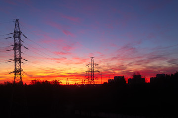 Fototapeta premium Power lines on a pink sky background. Sunrise over the forest