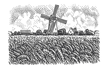 Windmill near wheat field in countryside engraving/line illustration. Vector.  © yuromanovich