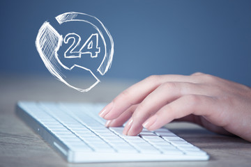 Businesswoman on blurred background using hotline customer assistance