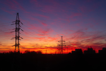 Power lines on a pink sky background. Sunrise over the forest