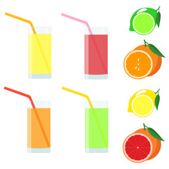 Set of citrus beverages - orange, lemon, lime, grapefruit. Fruit composition. Vector illustration.