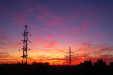 Fototapeta premium Power lines on a pink sky background. Sunrise over the forest