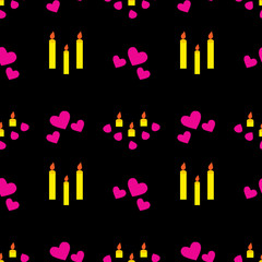 Elegant seamless pattern with hearts, candles and petals on the black background. Vector Valentine's day ornament. Usable for wedding invitations, cards, wrapping paper, packet