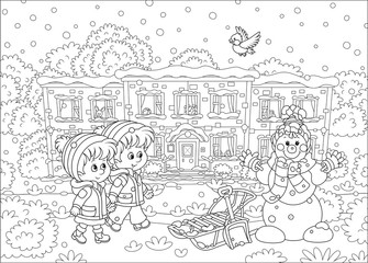 Smiling little kids going to their nursery school and looking at a funny snowman on a snow-covered playground of a winter park on a beautiful snowy day, black and white vector illustration