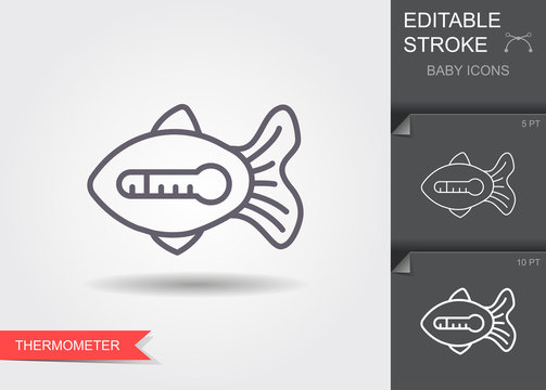 Water thermometer in shape of fish. Line icon with editable stroke with shadow