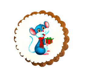 Tasty gingerbread cookie confectionery with the image of the symbol of the meeting of 2020,isolated on a white background