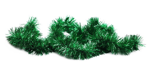 Green tinsel, Christmas ornament, decoration, isolated on white background
