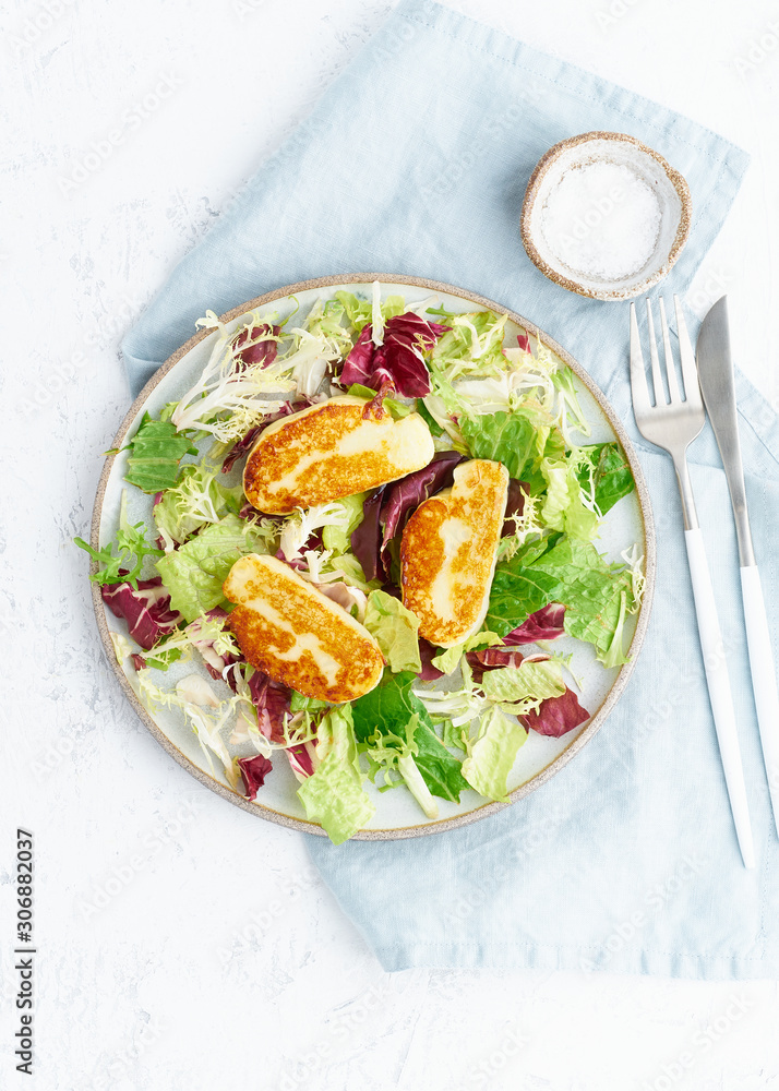 Wall mural Cyprus fried halloumi with healthy salad. Lchf, pegan, fodmap, paleo, scd, keto, ketogenic diet. Balanced food, clean eating recipe.