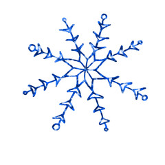 Blue Snowflake isolated on white background. Line art, doodle, sketch. Xmas New Year winter elements of design and icons. Simple illustration for greeting cards ,calendars, prints