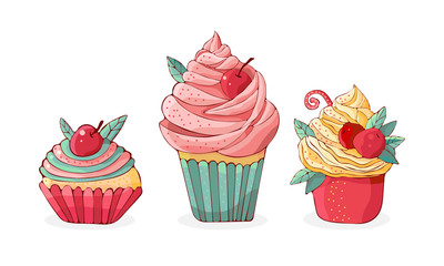 Set cartoon cakes in vector. Hand drawn dessert in vintage style. Cap cake with cream and cherry. Sweet food isolated on white background. Color illustration. Design for the menu.