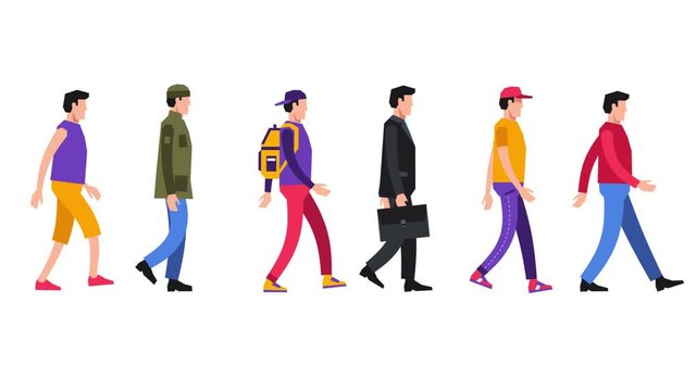Walking cartoon people in different everyday clothes. Looped animation with alpha channel.