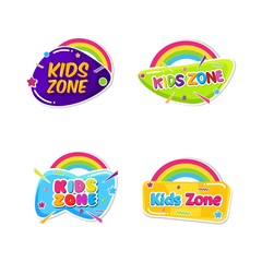 kids zone emblem colorful cartoon illustrations set. children playground area logo badge isolated white background. playing room lettering in bubbles rainbow collection. vivid color childish sticker.