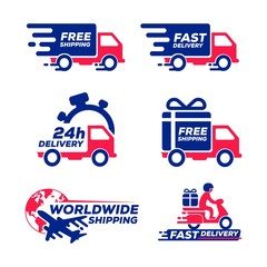 label icon shipping and delivery collection set. van delivery car vector illustration isolated on white background. fast free worldwide shipping concept. delivery with airplane and scooter elements.