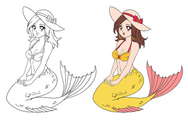 Anime beautiful mermaid wearing bikini and hat. Hand drawn vector illustration. Contour and colored version. Isolated on white. Can be used for coloring book, games, sticker, tattoo, shirt design.