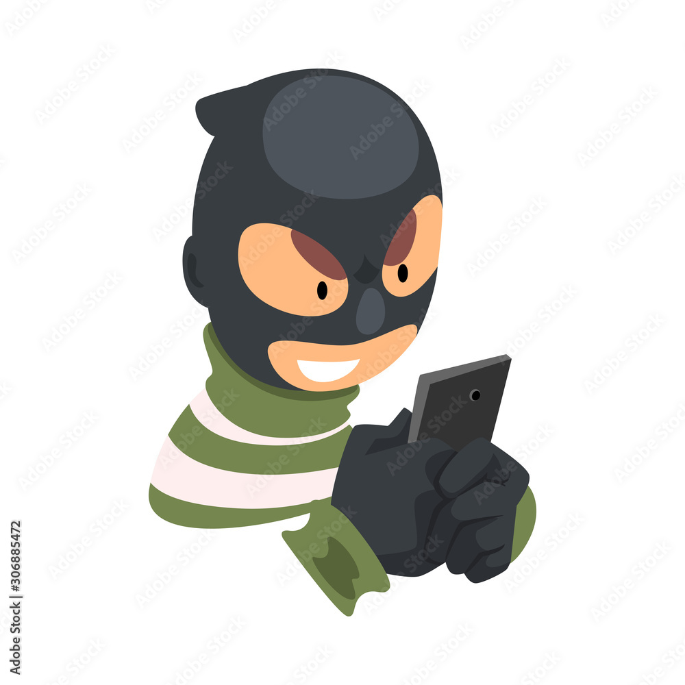 Poster data theft. hacker wearing mask breaking into smartphone vector illustration