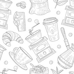 Coffee Hand Drawn Seamless Vector Pattern with Coffee-grinder and Dessert