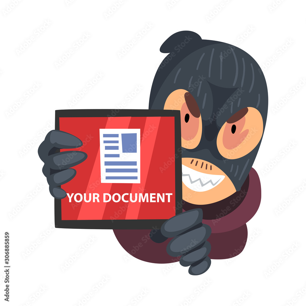 Poster hacker in mask and gloves trying to access document folder vector illustration