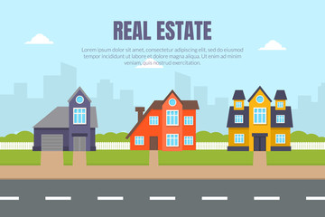 Fototapeta premium Gray, red and yellow cottages against the backdrop of the city. Vector illustration.
