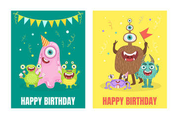 Green and yellow birthday cards with monsters. Vector illustration.