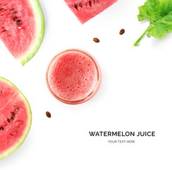 Creative layout made of watermelon juice on the white background. Flat lay. Food concept. Macro...